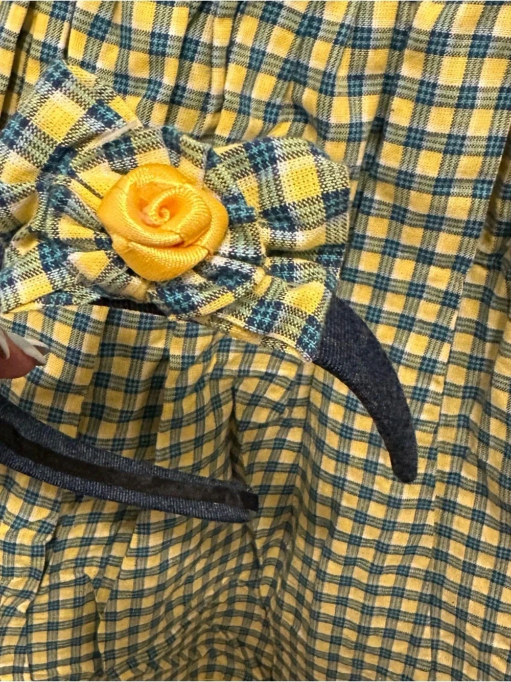 Vintage Narci Stell Colombia Gingham Prairie Dress Headband Girls 10 Blue Yellow